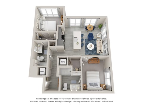 Floor plan for 2 beds, 2 baths, 933 sqft